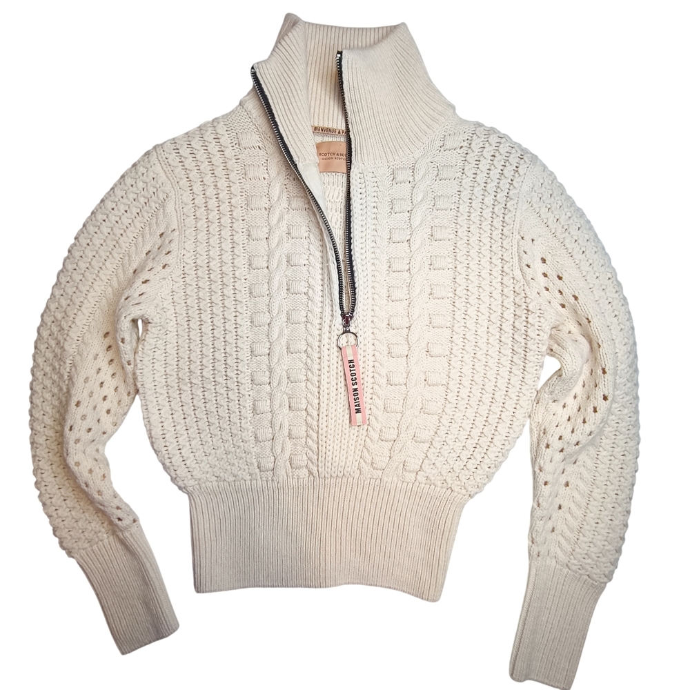 Scotch & Soda Cream Cable-Knit Half-Zip Turtleneck Sweater